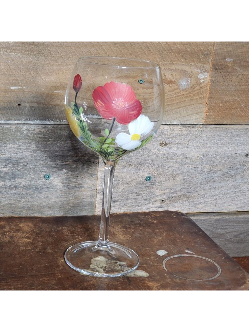 Hand Painted Red Wine Glass - Red, White & Yellow Flowers
